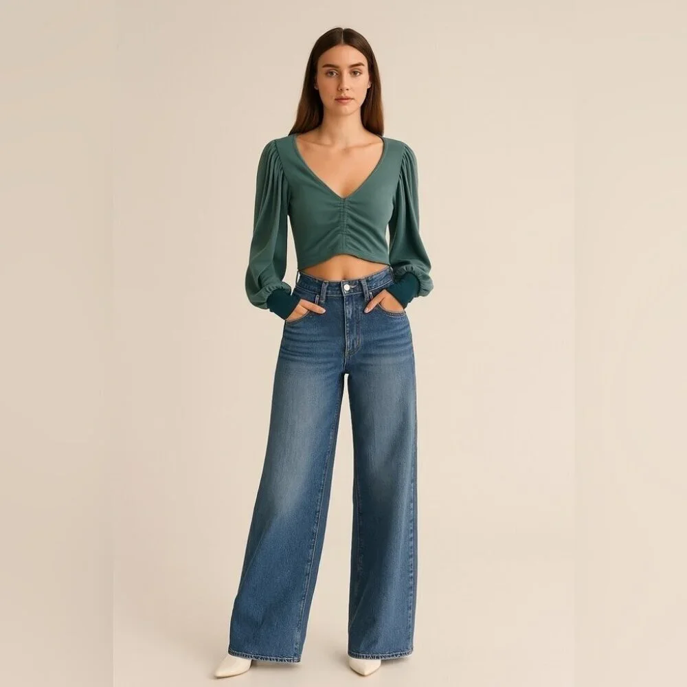 Intimately Free People Green Puff Sleeve Modal Ruched Front Crop Top Size XS